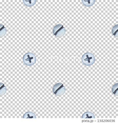 Seamless pattern with metal caps of screws and bolts on an insulated background. Watercolor illustration of working tools for fixing. Realistic drawing for packaging, wallpaper and decoration of 138206036