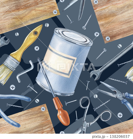 Seamless drawing with working tools and a wooden board on the background of translucent silhouettes of cans. Watercolor illustration of men's work tools for home renovation on a dark background 138206037