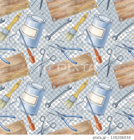 Seamless drawing with working tools and a wooden board on the background of translucent silhouettes of cans. Watercolor illustration of men's work tools for home renovation on an isolated background Seamless drawing with working tools and a wooden board on the background of translucent silhouettes of cans. Watercolor illustration of men's work tools for home renovation on an isolated background 138206038