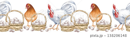 Seamless border with wicker baskets filled with white chicken eggs, standing next to a white rooster and a brown hen. Watercolor Easter illustration in natural colors on an isolated background. A 138206148