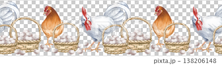 Seamless border with wicker baskets filled with white chicken eggs, standing next to a white rooster and a brown hen. Watercolor Easter illustration in natural colors on an isolated background. A 138206148