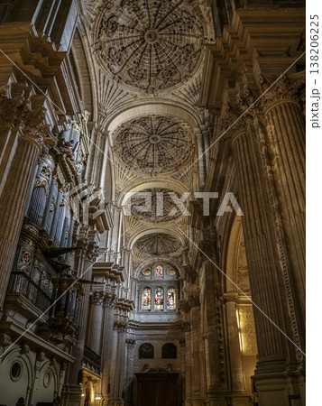 Grand Malaga Cathedral Interior With Ornate Ceiling, Stained Glass Windows and Historic Pipe Organ Architecture 138206225