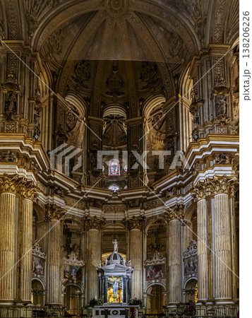 Baroque Malaga Cathedral Interior With Ornate Altar, Corinthian Columns And Stained Glass Dome 138206226