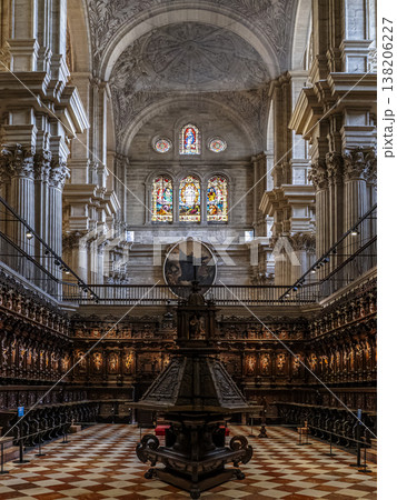 Historic Malaga Cathedral Interior With Ornate Choir Stalls, Marble Columns and Stained Glass Windows 138206227