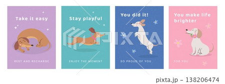 Set of adorable dachshund posters with uplifting quotes in minimal pastel colors. Hand drawn whimsical design with soft grain texture, perfect for posters, cards, nursery decor and branding. Set of adorable dachshund posters with uplifting quotes in minimal pastel colors. Hand drawn whimsical design with soft grain texture, perfect for posters, cards, nursery decor and branding. 138206474