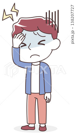 激しい頭痛に苦しむ男性のイラスト(片頭痛・仕事のストレス・体調不良・発熱) 激しい頭痛に苦しむ男性のイラスト(片頭痛・仕事のストレス・体調不良・発熱) 138207727
