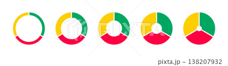 Donut charts, pies segmented on 3 equal parts. Diagrams infographic multicoloured. Wheels divided in three sections. Pie, pizza chart round icons layout set. Circle section graph. Loading bar mockup. 138207932