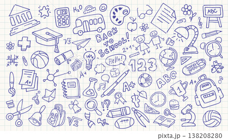 School doodles on notebook sheet. Back to school. School Hand-drawn vector illustrations School doodles on notebook sheet. Back to school. School Hand-drawn vector illustrations 138208280