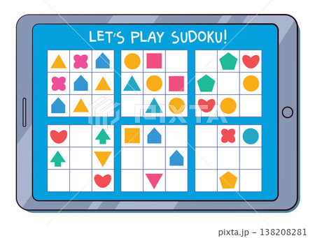 Kids sudoku puzzle with colorful shapes on a tablet screen Kids sudoku puzzle with colorful shapes on a tablet screen 138208281