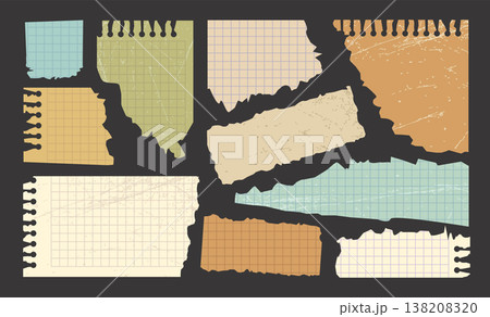 Set of torn notebook paper pieces with grid patterns and rough edges. Vintage textured 138208320