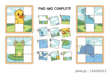 Educational find and complete puzzle for children featuring cute animals 138208321