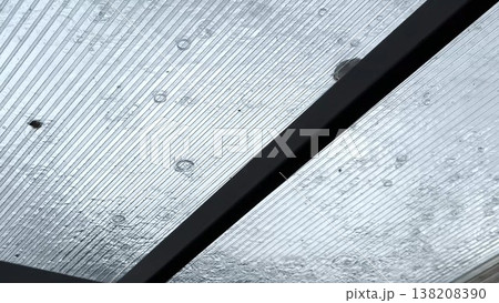 Heavy rain drumming on the transparent plexiglass roof. Beautiful rainy scene on summer day. Concept of tranquility nature scene. Close up Slow motion Heavy rain drumming on the transparent plexiglass roof. Beautiful rainy scene on summer day. Concept of tranquility nature scene. Close up Slow motion 138208390