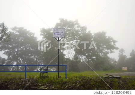 霧の森にあるダンプスへの道しるべ 138208495