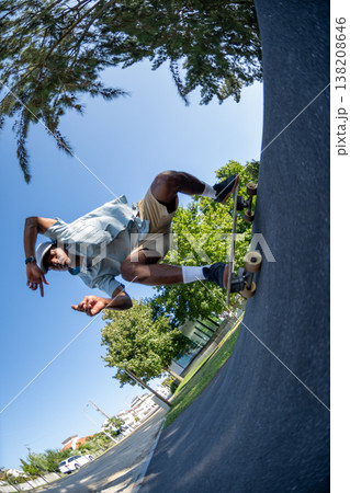 A fisheye view of a dynamic male skateboarder at a pump track A fisheye view of a dynamic male skateboarder at a pump track 138208646