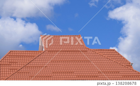 The roof of corrugated sheet red orange 138208678