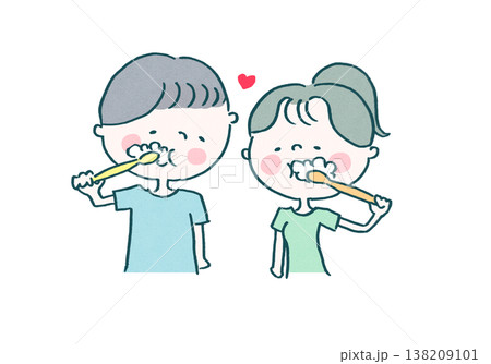 一緒に並んで歯を磨くカップルのイラスト 138209101