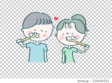 一緒に並んで歯を磨くカップルのイラスト 138209101