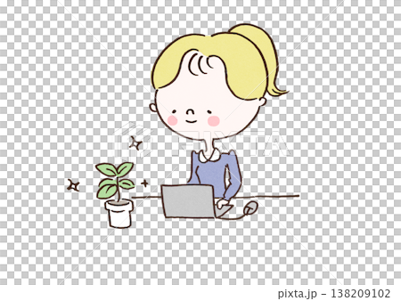 一幅插圖，描繪了一位女性在工作休息時間透過觀賞室內植物獲得慰藉的情景。 138209102