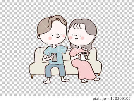ソファーに座っている同棲始めたてカップルのイラスト 138209103