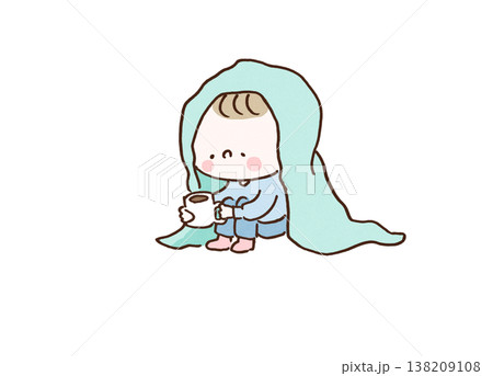 毛布にくるまりながら温かい飲み物でくつろぐ人のイラスト 毛布にくるまりながら温かい飲み物でくつろぐ人のイラスト 138209108