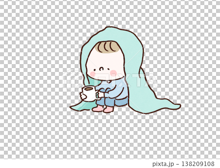 毛布にくるまりながら温かい飲み物でくつろぐ人のイラスト 毛布にくるまりながら温かい飲み物でくつろぐ人のイラスト 138209108