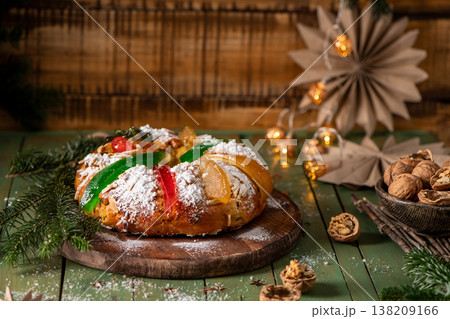 Festive holiday bread topped with candied fruits Festive holiday bread topped with candied fruits 138209166