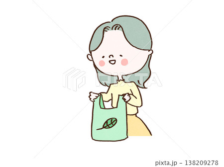 エコバッグを嬉しそうに使って買い物をする女性のイラスト（サステナブル） 138209278