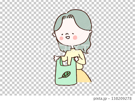 エコバッグを嬉しそうに使って買い物をする女性のイラスト（サステナブル） 138209278