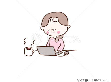ラフな格好で楽しそうにノートパソコンで仕事をする女性のイラスト（リモートワーク・副業） 138209280