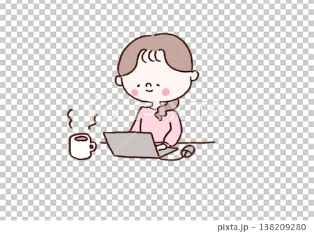 ラフな格好で楽しそうにノートパソコンで仕事をする女性のイラスト（リモートワーク・副業） 138209280
