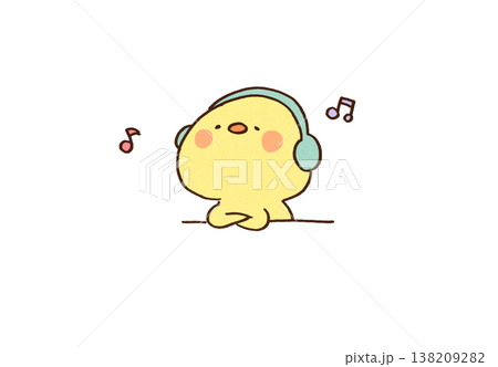 ヘッドホンで音楽を聴いてリラックスするひよこのイラスト（メンタルヘルス） 138209282