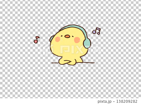 ヘッドホンで音楽を聴いてリラックスするひよこのイラスト（メンタルヘルス） 138209282