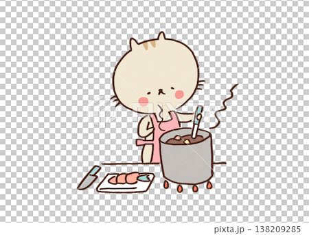 An illustration of a cat simmering delicious-looking vegetable soup in the kitchen (healthy eating habits). An illustration of a cat simmering delicious-looking vegetable soup in the kitchen (healthy eating habits). 138209285