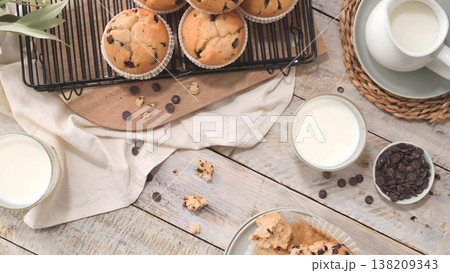 Chocolate Chip Muffins and Milk on Rustic Wooden Background 138209343