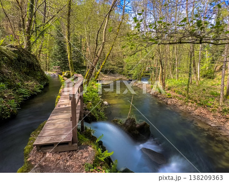 Wooden walkway and water canals at Levadas dos Jugueiros in Braga Portugal 138209363