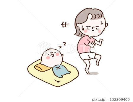 子供が寝た後に忍者のようにそっと部屋を出るママのイラスト（子育て・あるある） 138209409