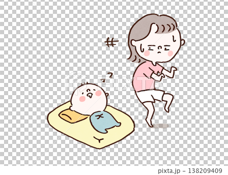 子供が寝た後に忍者のようにそっと部屋を出るママのイラスト（子育て・あるある） 138209409
