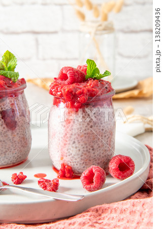 Homemade raspberry chia seed pudding close-up 138209436