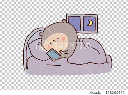 An illustration of a bear suffering from sleep deprivation due to constantly looking at its smartphone in a dark room (smartphone addiction, insomnia). 138209581