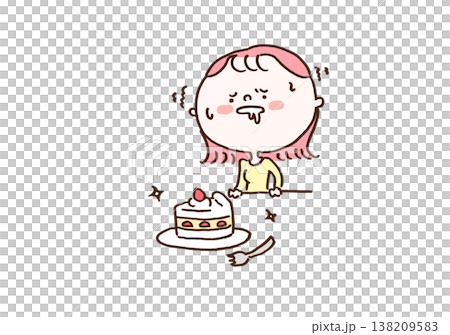 An illustration of a woman desperately trying to resist eating a delicious-looking cake in front of her (diet/low-carb). An illustration of a woman desperately trying to resist eating a delicious-looking cake in front of her (diet/low-carb). 138209583