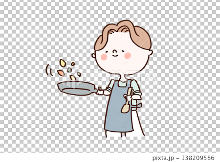 一幅插圖，描繪了一名男子穿著圍裙，在煎鍋裡翻炒食物（家務/烹飪）。 138209586