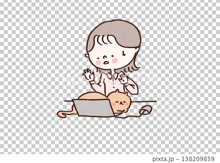 An illustration of a cat sleeping on a computer keyboard and a bewildered woman (Cat harassment, remote work) An illustration of a cat sleeping on a computer keyboard and a bewildered woman (Cat harassment, remote work) 138209859