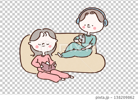 同じソファーで読書とスマホなど別々のことをしてくつろぐ男女のイラスト(パートナーシップ・同棲) 同じソファーで読書とスマホなど別々のことをしてくつろぐ男女のイラスト(パートナーシップ・同棲) 138209862
