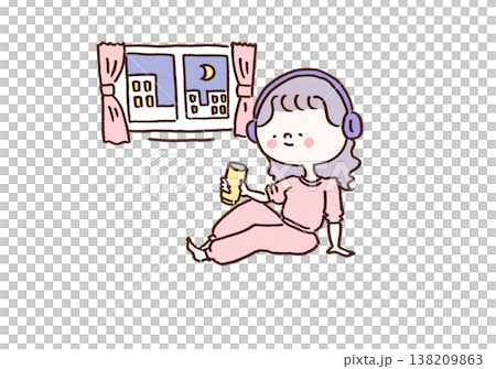 一幅插圖描繪了一位女士在夜晚的房間裡放鬆,喝著罐裝酒,聽著音樂(休閒時光,晚間小酌)。 一幅插圖描繪了一位女士在夜晚的房間裡放鬆,喝著罐裝酒,聽著音樂(休閒時光,晚間小酌)。 138209863