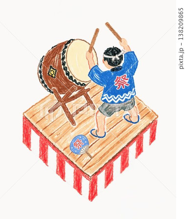 やぐら太鼓を叩く男性の俯瞰構図(盆踊り)イラスト やぐら太鼓を叩く男性の俯瞰構図(盆踊り)イラスト 138209865