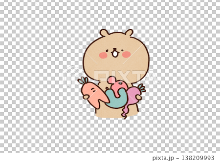 An illustration of a bear happily holding oddly shaped, non-standard vegetables (Food waste, SDGs) 138209993