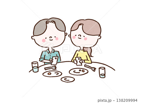 カフェで食後の支払いをスマホのキャッシュレス決済アプリを使って割り勘する男女のイラスト(割り勘・お金 カフェで食後の支払いをスマホのキャッシュレス決済アプリを使って割り勘する男女のイラスト(割り勘・お金 138209994