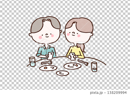 カフェで食後の支払いをスマホのキャッシュレス決済アプリを使って割り勘する男女のイラスト(割り勘・お金 カフェで食後の支払いをスマホのキャッシュレス決済アプリを使って割り勘する男女のイラスト(割り勘・お金 138209994