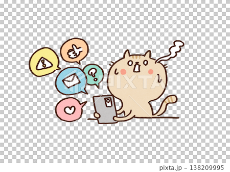 一幅貓咪驚慌失措的插圖，它被鋪天蓋地的智慧型手機通知和訊息淹沒（資訊過載/社交媒體疲勞）。 138209995