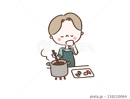 キッチンでスパイスカレーを作りながら味見をして喜ぶ男性のイラスト(料理・趣味) キッチンでスパイスカレーを作りながら味見をして喜ぶ男性のイラスト(料理・趣味) 138210064